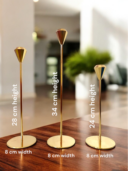 Set of 3 Golden French Metal Candle Holders-Diamond Shape