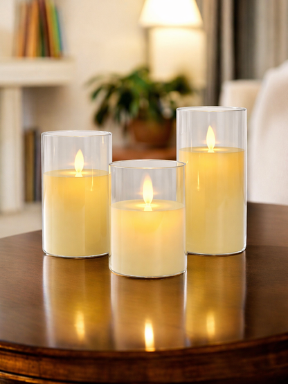 Acrylic Glass Moving Flame Pillar Candle - Set of 3