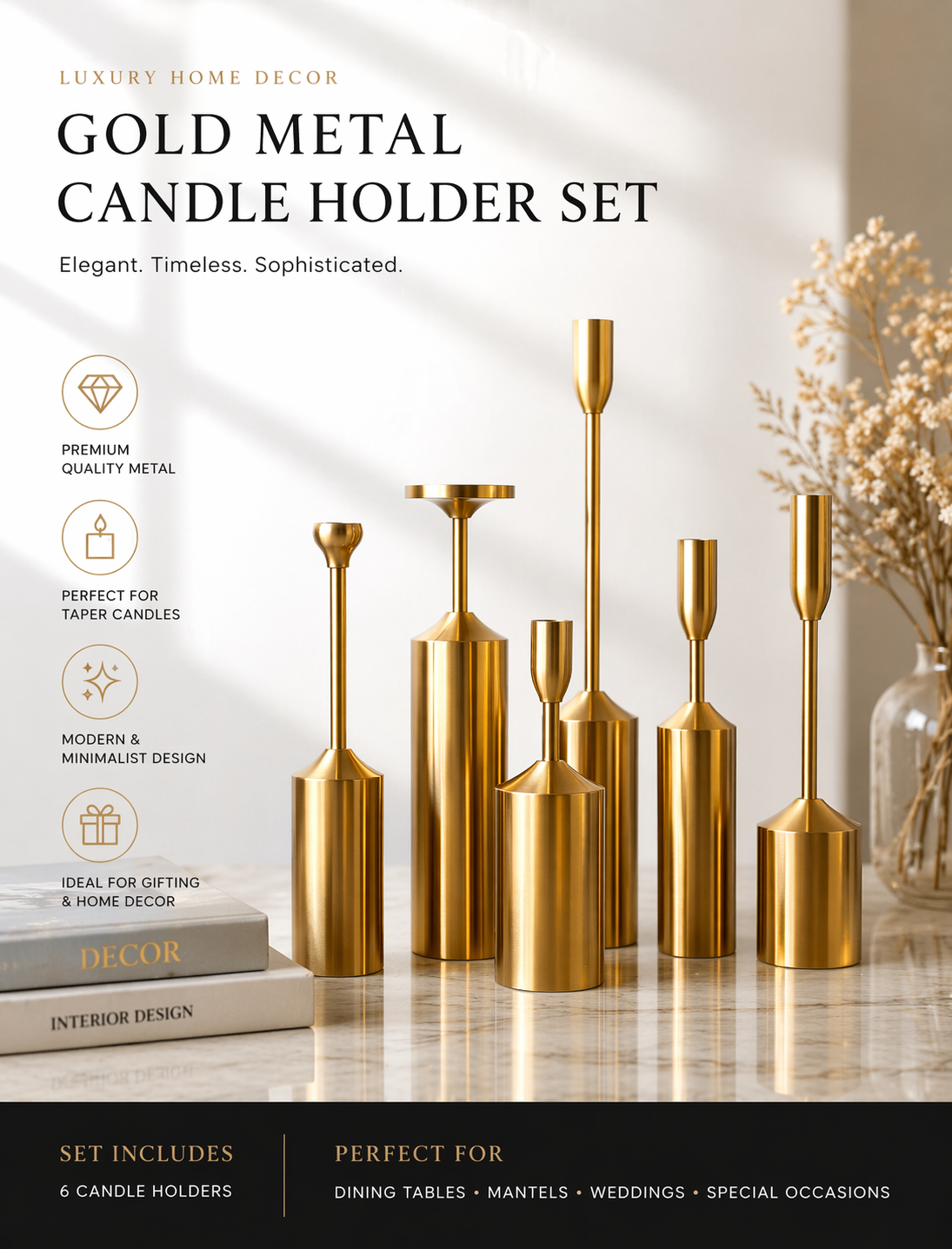 Luxury Gold Metal Candle Holder - Set of 6