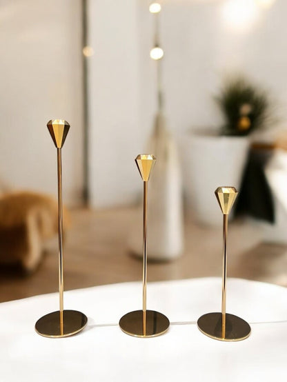 Set of 3 Golden French Metal Candle Holders-Diamond Shape
