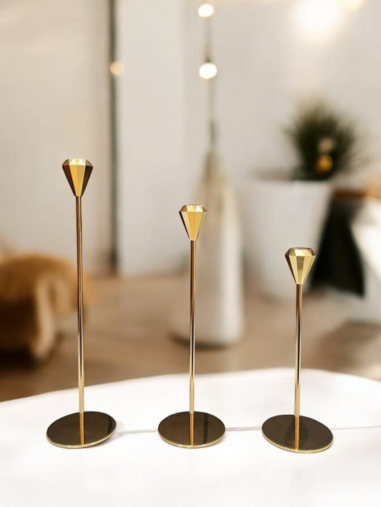Set of 3 Golden French Metal Candle Holders-Diamond Shape